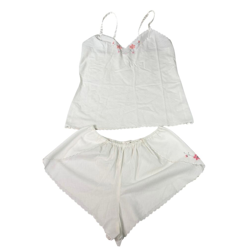 VTG 2 pc. Eve Stillman white camisole, shorts. pink floral embroidery. Size S